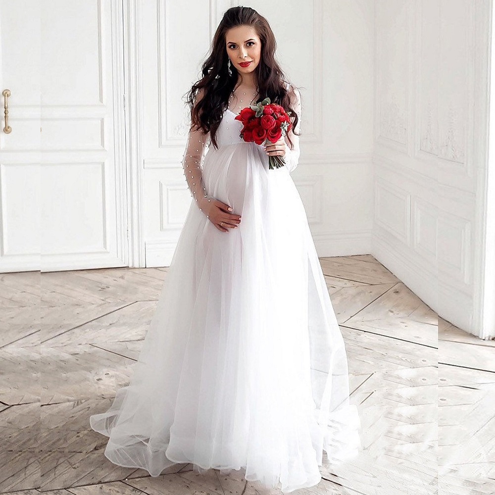 Pregnant Woman Evening Dresses Maternity Wedding Lace Long Sleeve Clothes  Photoshoot Pregnancy Photography Props Gown