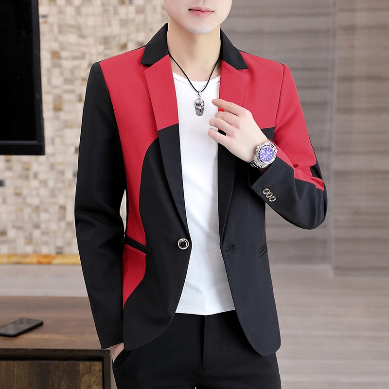 Man Blazer Casual Suit Jacket Splicing Plain Patchwork Men Blazer Slim fit red black