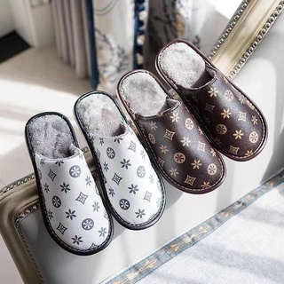Leather slippers men winter home indoor couple cotton slippers