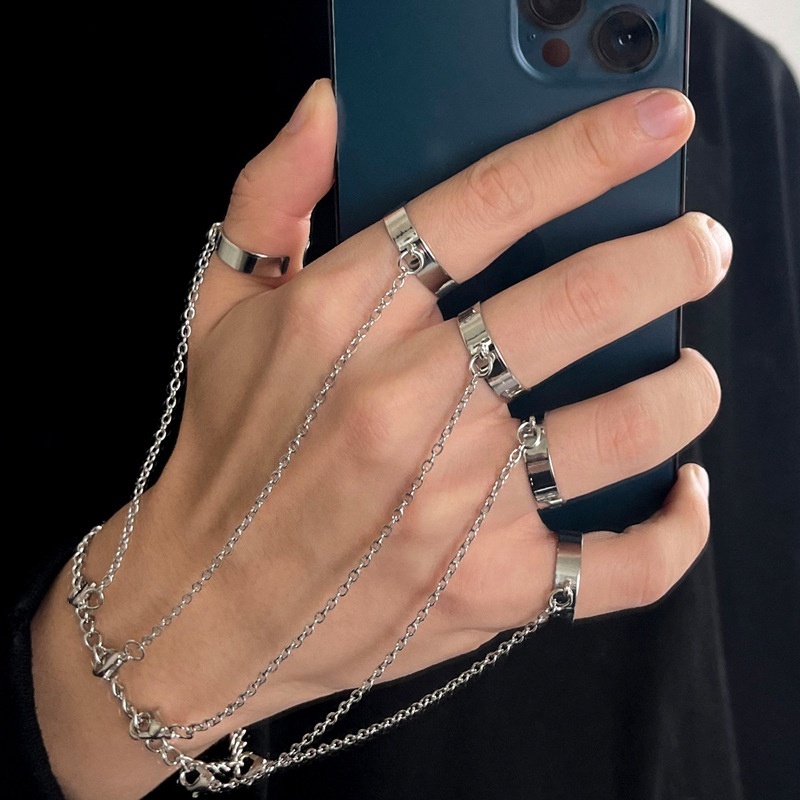 Sindlan Punk Geometric Silver Color Chain Wrist Bracelet for Men Ring Charm Set Couple Emo Fashion Jewelry Gifts