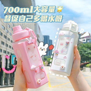 Cute Water Bottle with Lid Straw Sticker Plastic Juice Portable