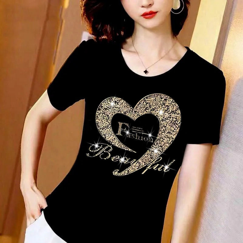 6.6 特价促销 Ready stock 纯棉镶钻短袖女T恤 New style cotton short-sleeved women's T-shirt with diamonds, Korean version, plus size slim slimming top, summer fashion trend women's clothing