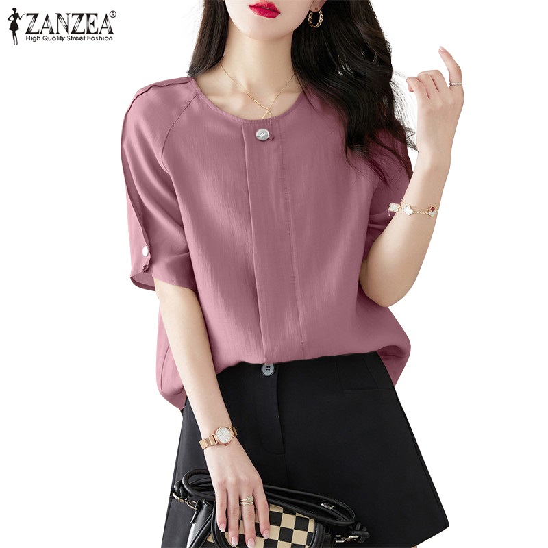 ZANZEA Women Korean Fashion O-Neck Raglan Trim Chic Loose Short Sleeved ...