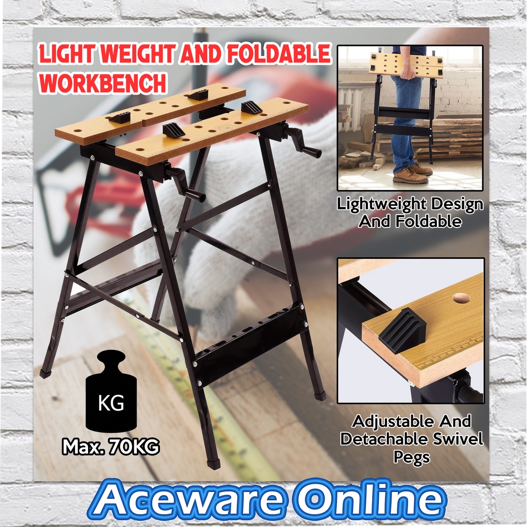 PORTABLE LIGHT WEIGHT FOLDABLE UNIVERSAL WORKBENCH WITH CLAMPS PEGS TOOL HOLDER FOR DIY WOODWORKING