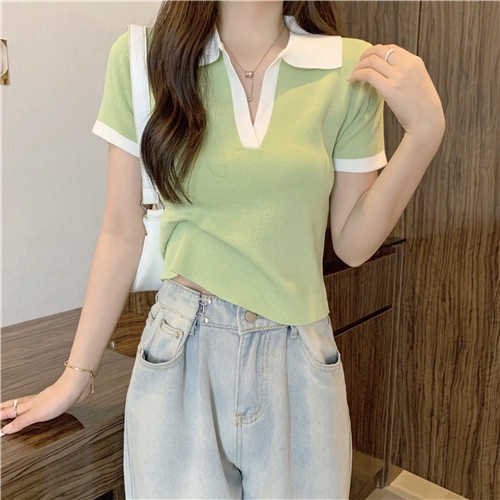 Korean Style Knitted Short-sleeved T-shirt Top Polo Collar Solid Color All-match Women's Clothing