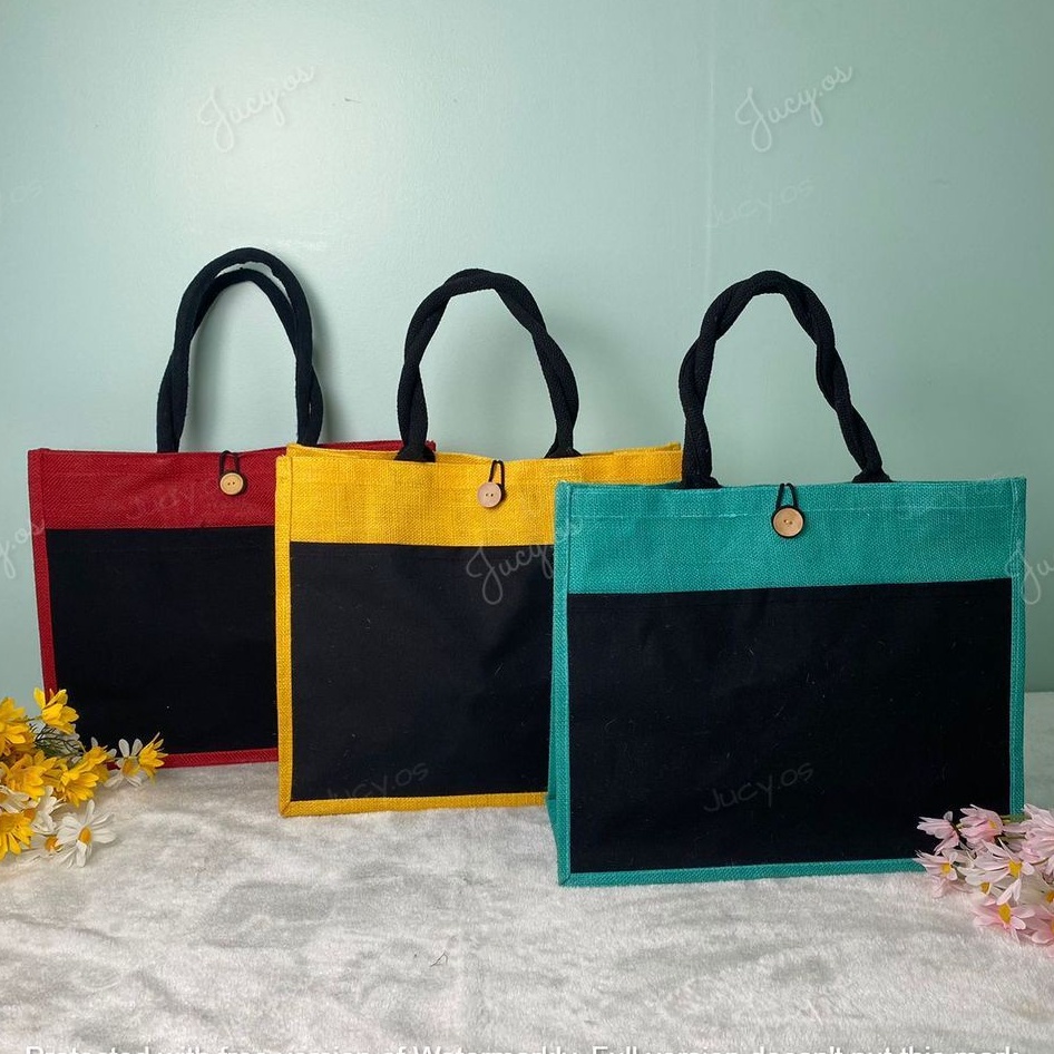 Jute tote bag with canvas pocket hot sale