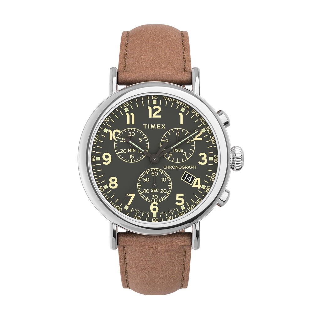 Timex Standard Chronograph 41mm Leather Strap Watch Silver Tone Brown TW2V27500 Shopee Singapore