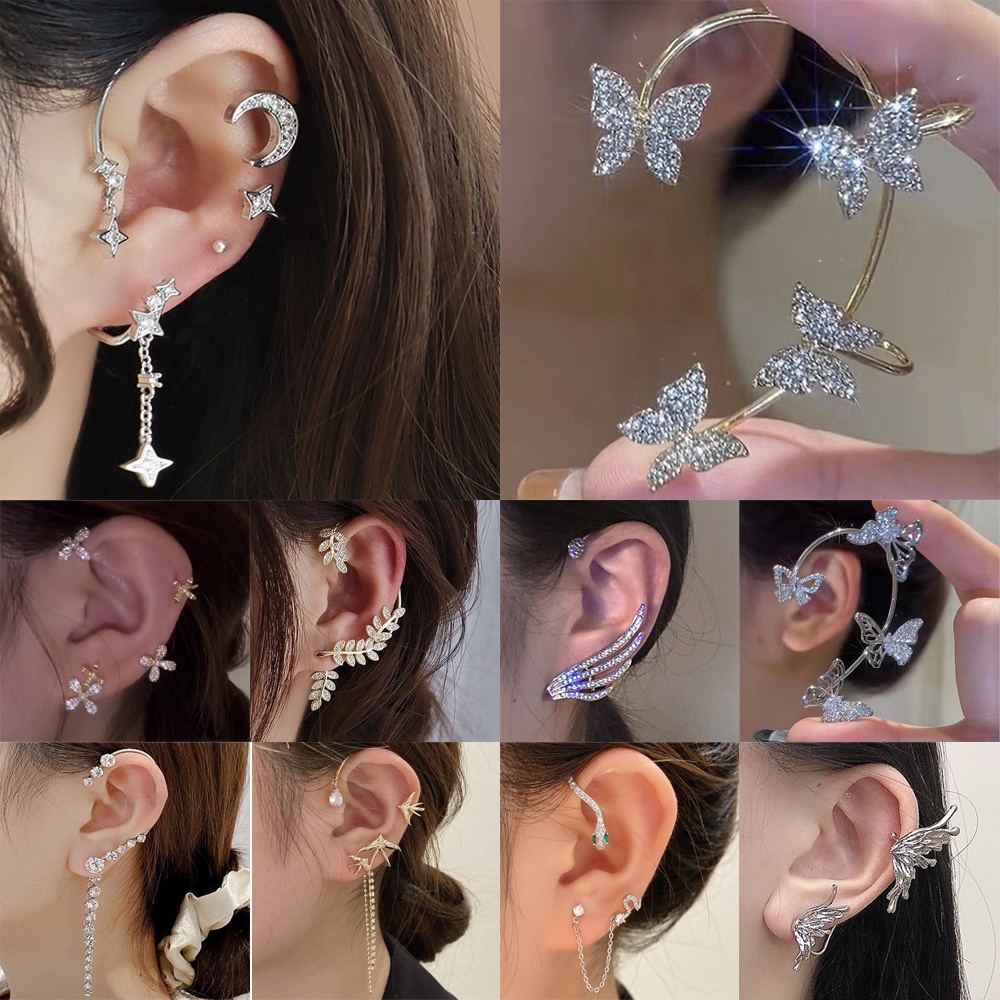 3pcs Set Leaf EAR CUFF Earrings Crystal Cartilage Ear Ring Fake Clip On Cuff