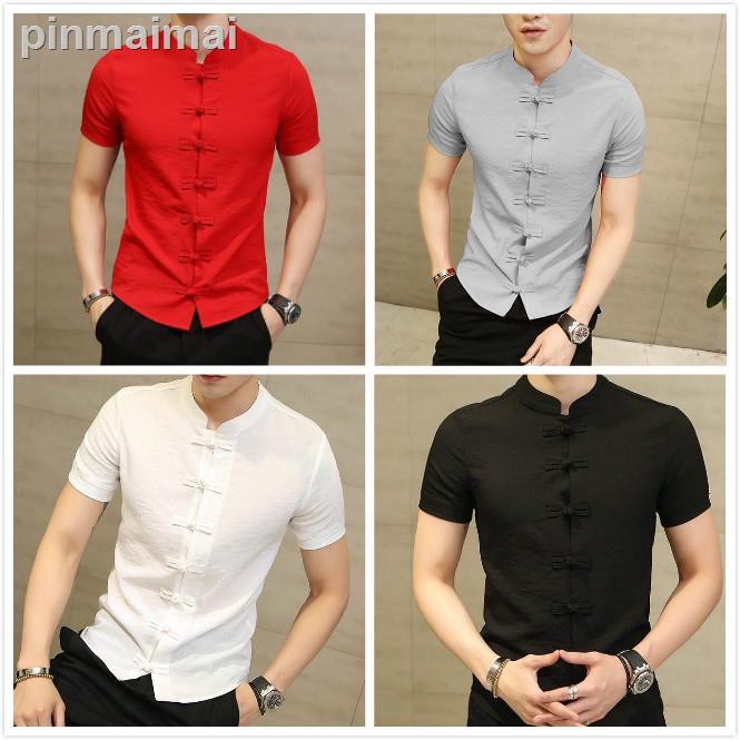 Qirii Men CNY Culture Short Sleeve Traditional Clothing Kongfu Shirt 4Colors Linen Slim Fit Casual