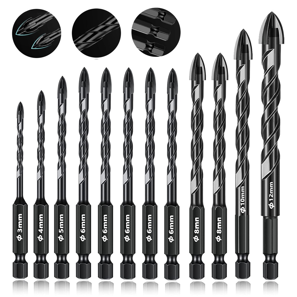 Cross Hex Tile Drill Bits Set Hard Alloy Triangle Stone Glass Ceramic Concrete Drill Bit Hole Opener for Wall Universal Tool