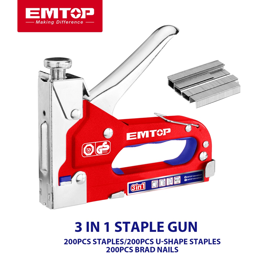 EMTOP 3 in 1 Staple Gun Kit With U-Shape Staples And   Brad Nails, Powerful Hand Operated Gun Tacker Tool  ESGU1001