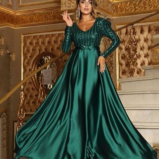 Fashion Women Elegant Sequins V Neck Long Sleeves Bride