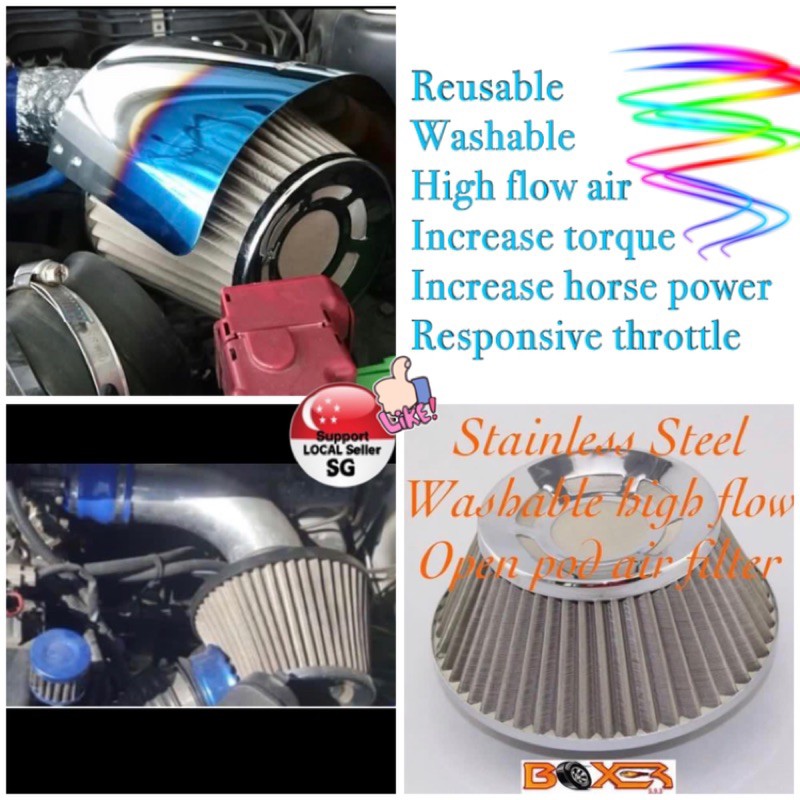 High flow stainless steel air intake filter open pod increase horse ...