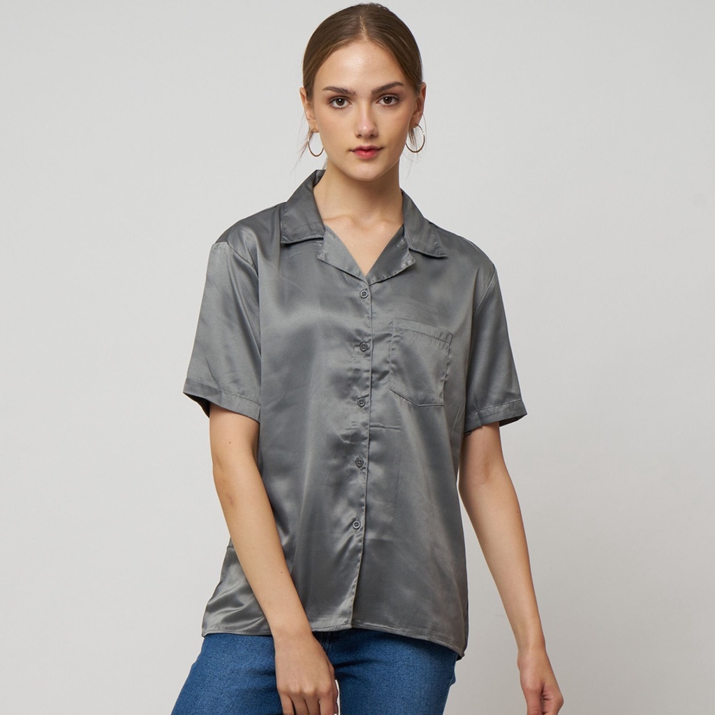Monellina 601022 Kemeja Oversize Wanita Lengan Pendek Satin - Gambar 3