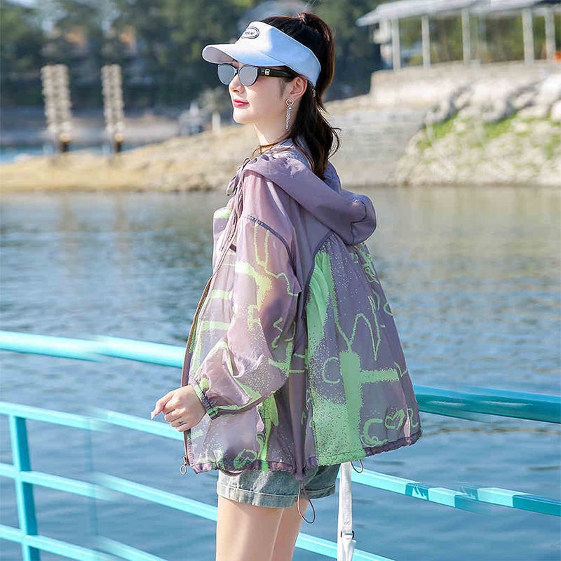 Jacket Women's Summer Anti UV Sunscreen Clothing Large Size Fashionable Printed Thin Windbreaker