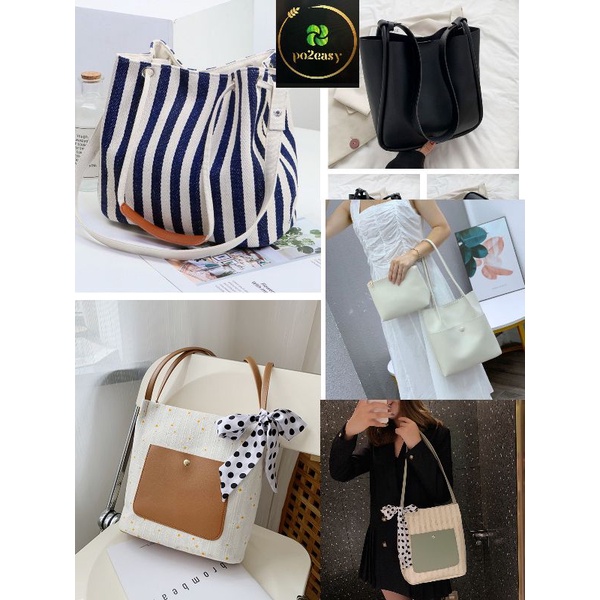 Women Bag Canvas Bucket Bag Striped Shoulder Bag Sling Bag Korean Version Fashion Solid Color Handbag
