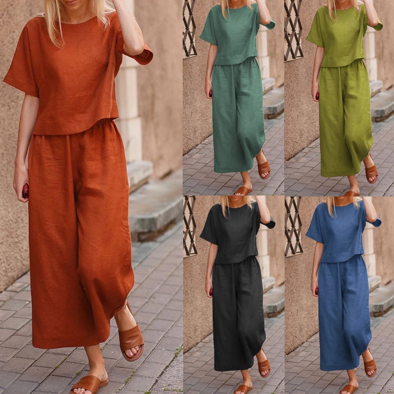 Women's Clothing Real Shot Spring Autumn Amazon Casual European American Plus Size Suit Loose Solid Color Short-Sleeved Shirt Trousers Two-Piece
