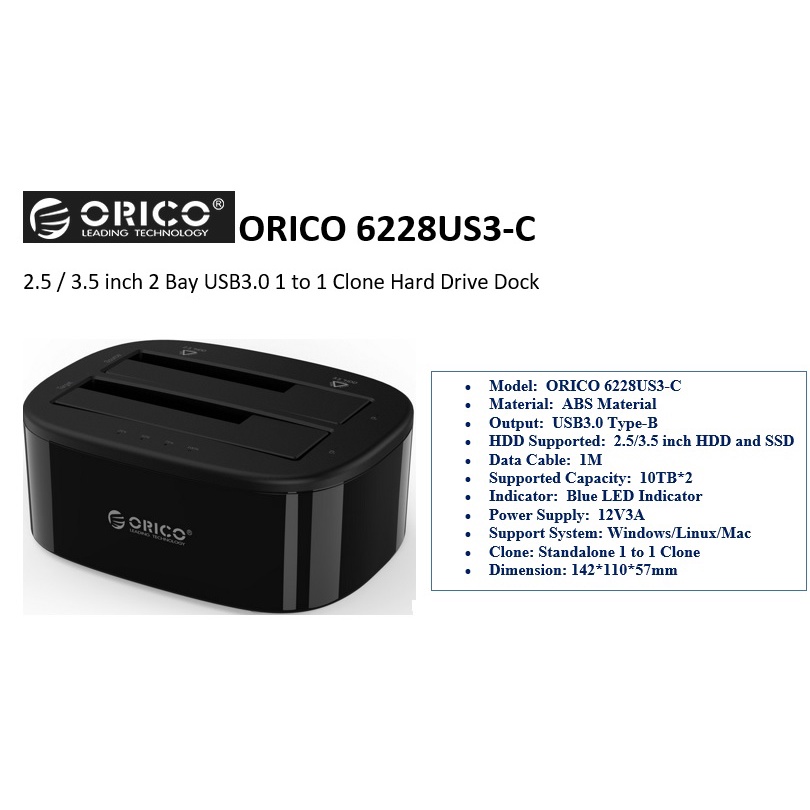 ORICO 6228US3-C HDD / SSD Docking offline cloning 2.5 / 3.5 inch 2 Bay ...