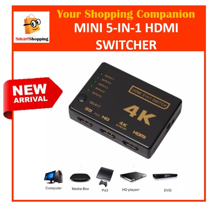 Mini 5-in-1 HDMI Switcher Ports Splitter Up to 1080P 4K HD Adaptor For ...