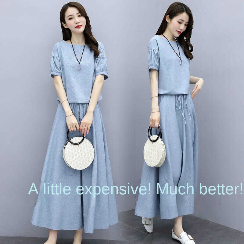 Summer New Style Women's Clothing Cover Belly Slimmer Look Long Skirt Short-Sleeved Suit Cotton Linen Dress Two-Piece