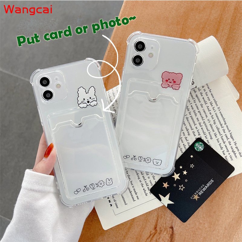 Card Holder For Samsung Galaxy A72 A52 A52s A51 A42 A50 A50s A30s A30 A20 A20s A21s A32 A12 4G 5G Phone Case Bear Rabbit Cute Cartoon Transparent Clear Simple Wallet Card Package Clip Slots Casing Cas