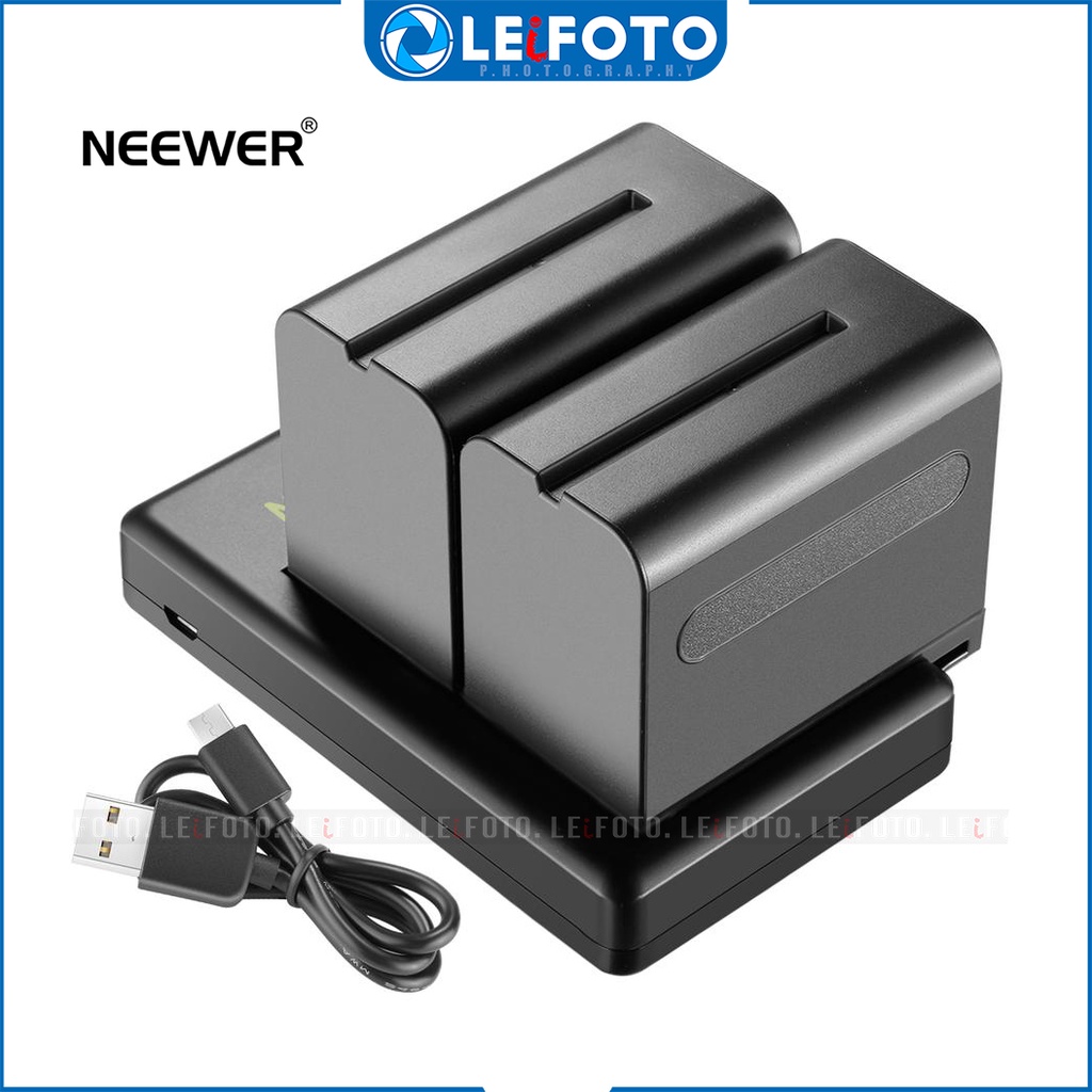 Neewer 2 stuks 6600mAh Li-ion reserveaccu met USB-oplader, compatibel met Sony NP-F970 F960 F950 F770 F750 F570 F550, mobiele telefooncams en Neewer LED-licht, monitor, gemotoriseerde slider