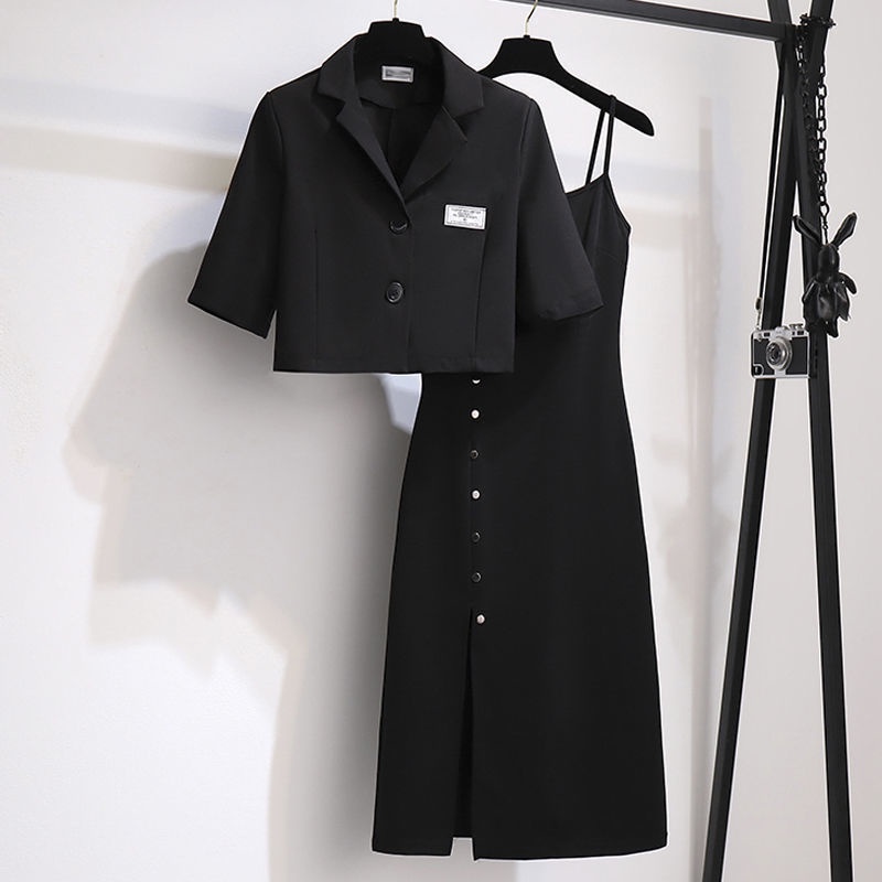 Korean Version Fashionable Women's Clothing Slightly Fat-Fried Street Suit Skirt Summer Plus Size New Style Classy Slimmer Look Small Sling Dress Two @