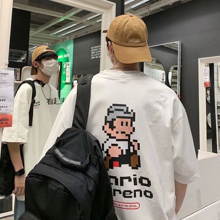 Summer Men's Short Sleeve T Shirt Fashion Super Mario Print Oversized Shirt Men's Round Neck Fashion Graphic T Shirt Unisex Korean Top Color Black White Clothing