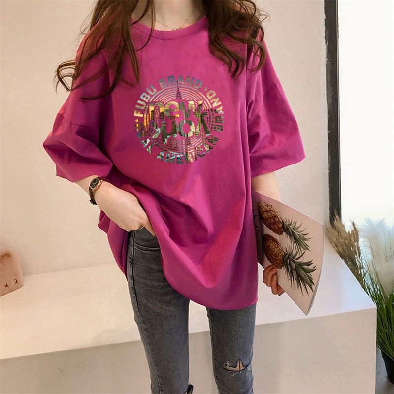 Spring and summer loose short-sleeved women's T-shirt, mid-length cartoon top, plus size women's clothing