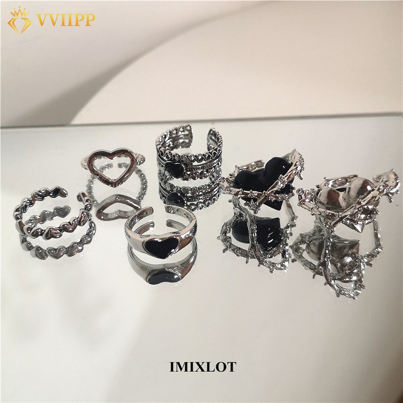 Personalized Heart Sliver Ring Set Black and White Grid Rings for Women Accessories Jewelry