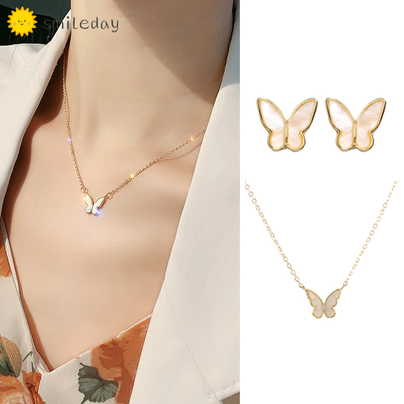 Korean Butterfly Elegant Necklace Earring Jewelry Set Simple Chain 925 Silver Stud Earring Women Girls Accessories