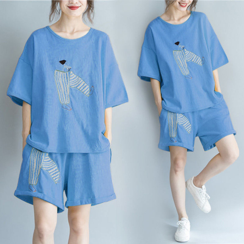 Plus Size Women Clothing Casual Set Wear Summer Loose Short Sleeve Blouse + Shorts Sportswear Suit