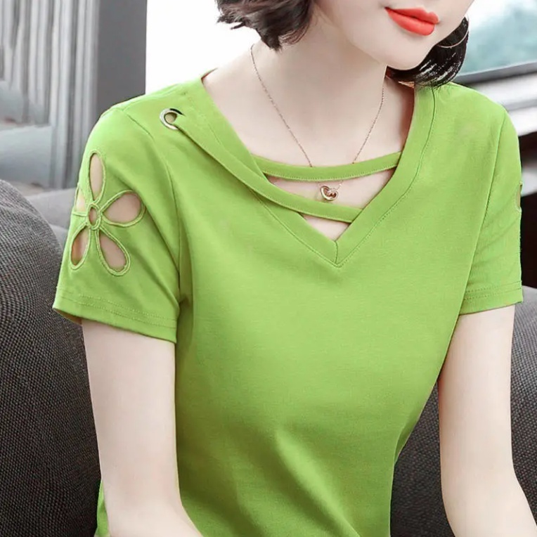 【yai Court】short Sleeved T Shirt Womens Solid Color Hollowed Out V Neck Top Slim Slimming 5187