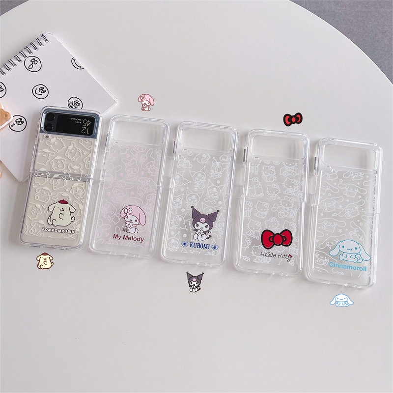 Cartoon Melody Kuromi Hello Kitty Cinnamoroll Pompompurin Clear Transparent Flip Case For Samsung Galaxy Z Flip 4 3 5G Flip4 Flip3 Shockproof Hard Phone Cover Casing