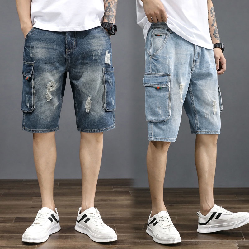 Men's Ripped Denim Cargo Shorts Wash Multi-Pocket Short Jeans with ...