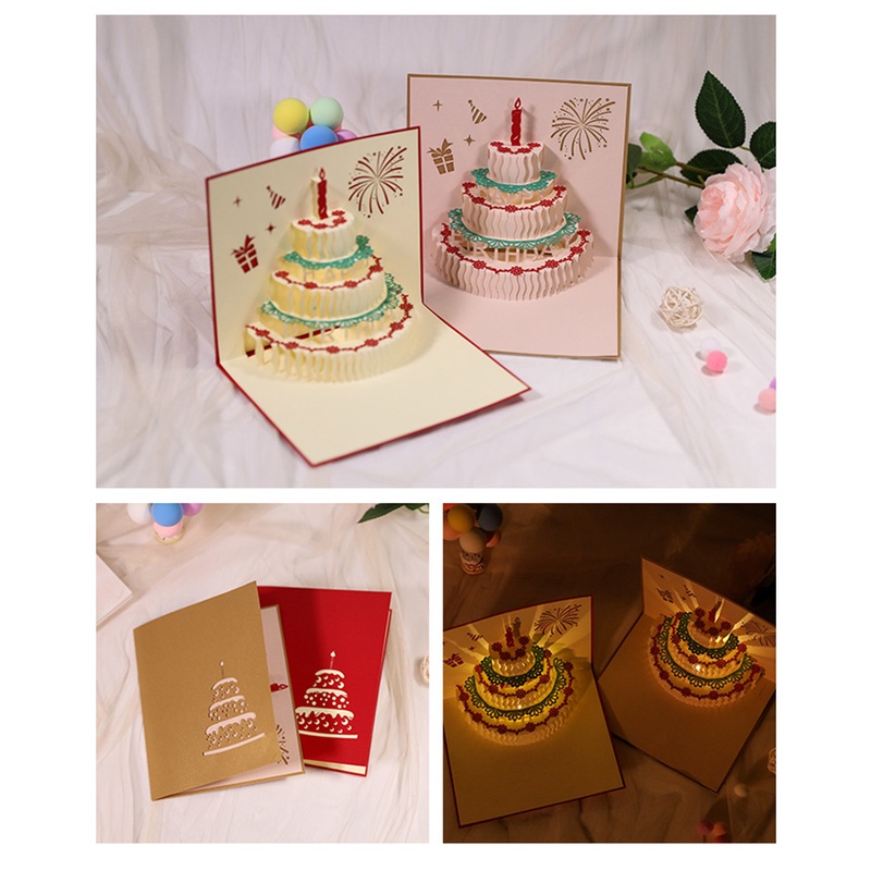 Music Birthday Card Pop Up 3D Cake Musical Light Greeting Card Creative ...