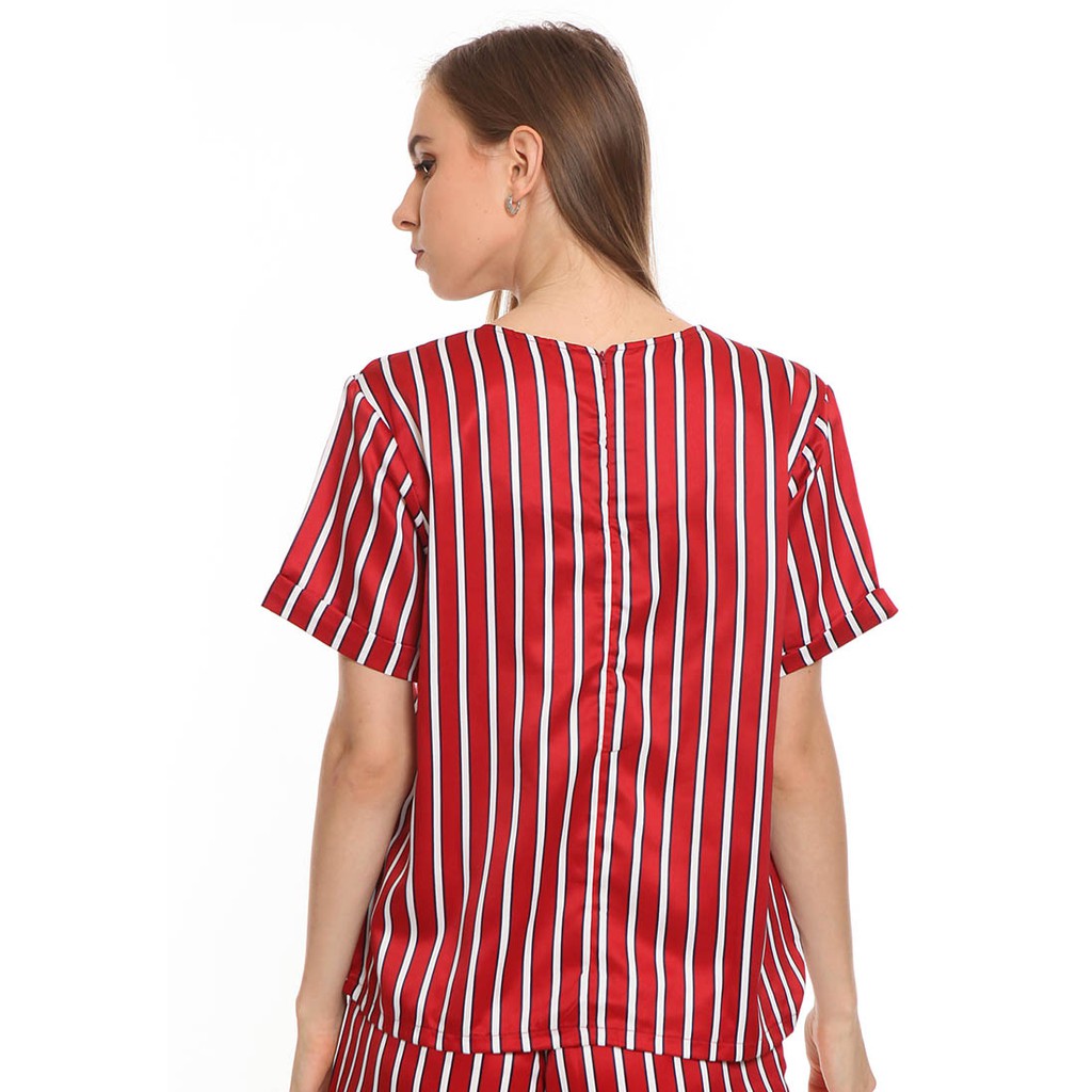 Basix - Taiya Top Red Blouse - Atasan Wanita Satin Stripe Merah - Gambar 3