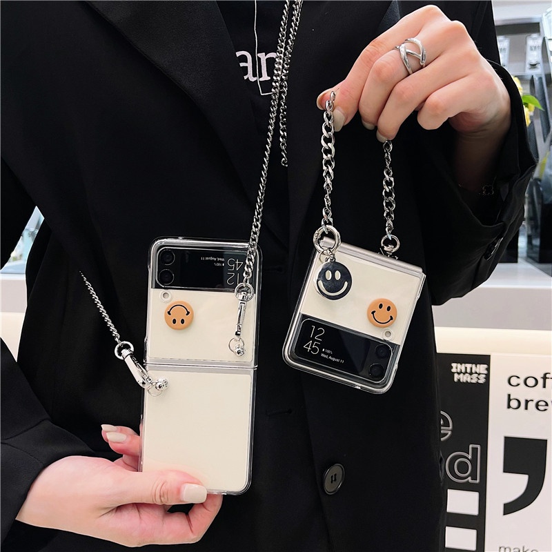 Samsung Galaxy Z Flip 4 5G Smiley Chain PC Case Hard Transparent Shockproof Z Flip 3 Phone Creativity New Case Cover