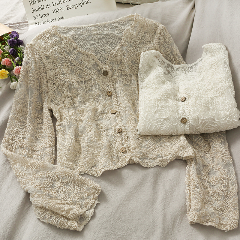 Beige Lace Crochet V Neck main image 1