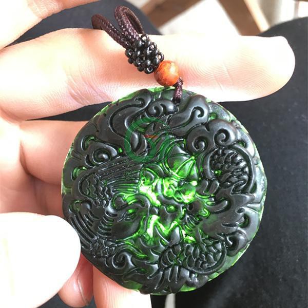 Natural Hetian ink jade dragon and phoenix round plate pendant dark green  jade pendant for men and women