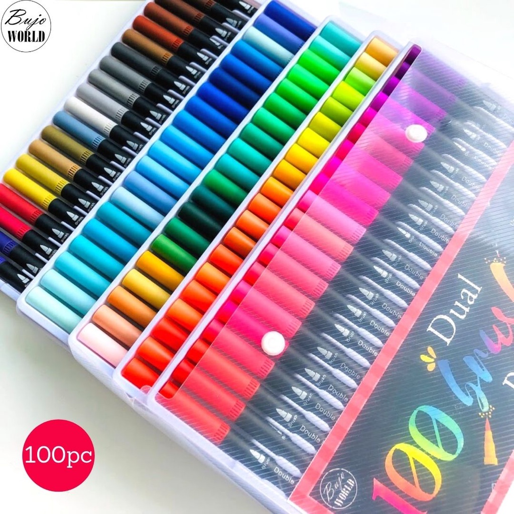 BujoWorld 100 Colors Dual Tip Brush Pens Highlighter Art markers