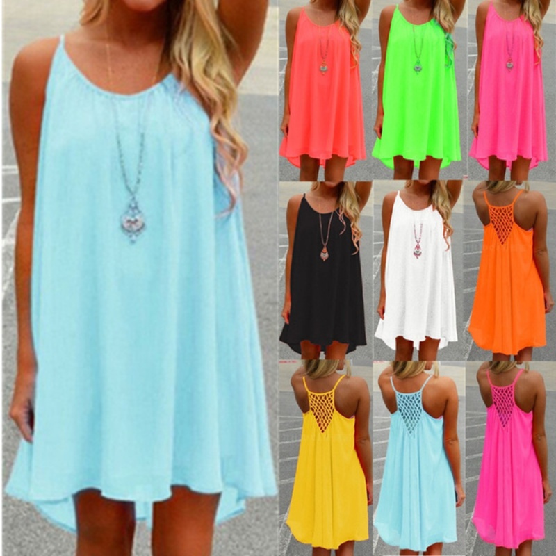 Plus Size Sexy Women's Chiffon Sleeveless Dress Solid Color Sleeveless ...