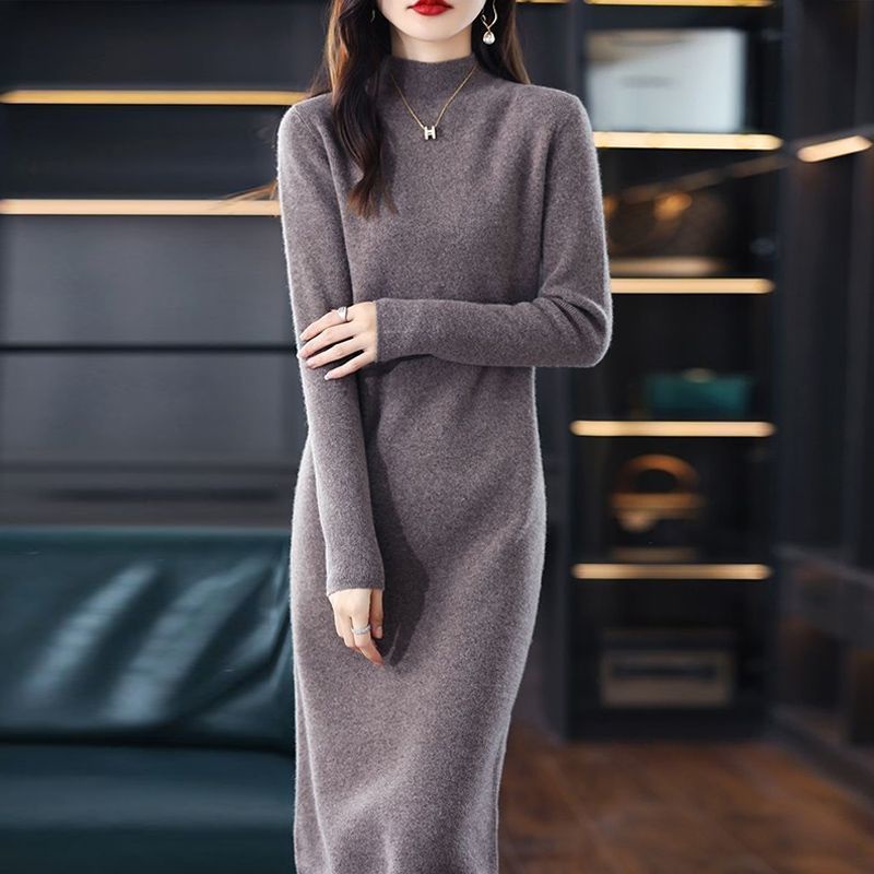 Long sleeve knitted dress Women's half high neck straight tube warm