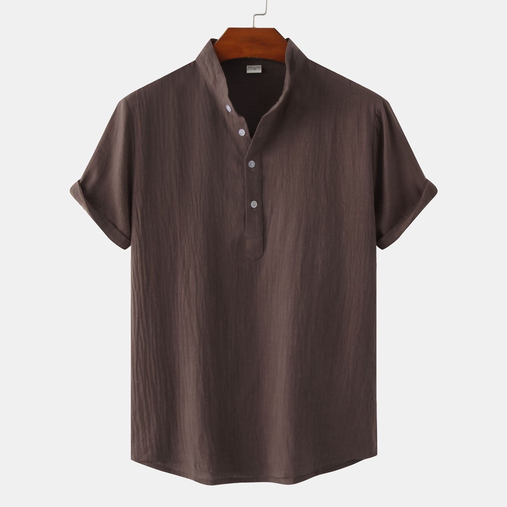Men's Casual Solid Color Short Sleeve Pullover Shirt Linen Stand Collar ...