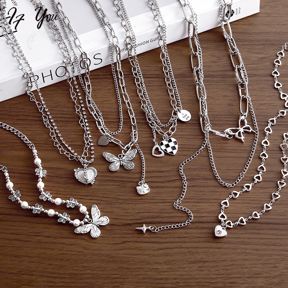 Korean Y2K Silver Chain Necklace for Women Pearl Cross Butterfly Checkerboard Heart Bow Pendant Choker Accessories Jewelry