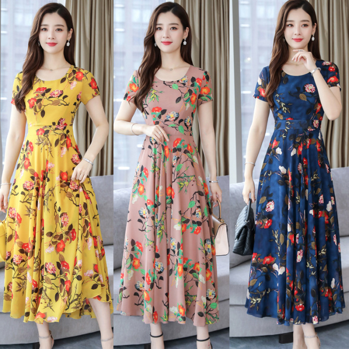 Women's Maxi Dress Summer Floral Print Flower Dress Round Neck Short ...