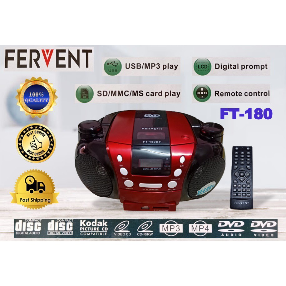 FERVENT FT180 PORTABLE DVD PLAYER MP4 AUX USB SD FM BT DVD CDR/RW SVCD