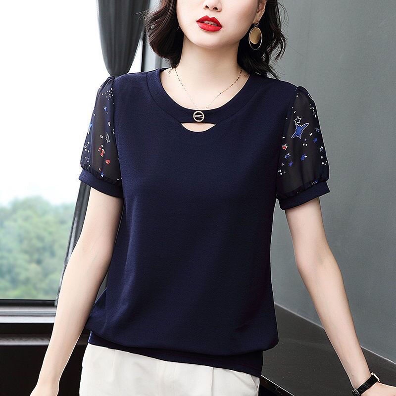 Women's Printed Short-Sleeved Chiffon Shirt Top 2021 Summer New Style Plus Size Clothing Cover