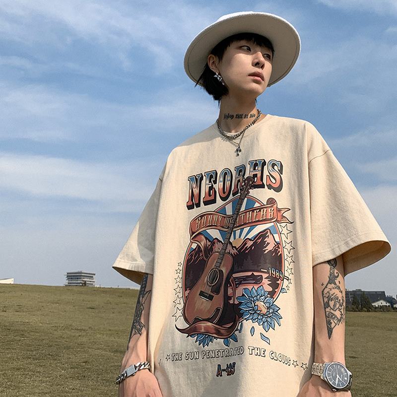 Summer Vintage Design Printing Casual Fashion Korean Oversized Shirt For Man Black White Short Sleeve Tshirt Men's Street Style Tops Plus Size Unisex Clothing