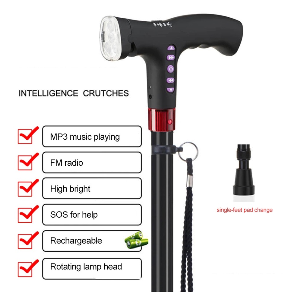 Adjustable LED Walking Stick for The Elderly Outdoor Cane FM Radio MP3 ...